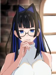  1girl absurdres black-framed_eyewear black_hair blue_eyes blue_hair blue_streaks breasts closed_mouth colored_inner_hair commentary_request ear_piercing glasses hair_intakes hand_on_own_chin highres hololive hololive_english kajin8901 large_breasts long_hair looking_at_viewer multicolored_hair no_coat ouro_kronii ouro_kronii_(casual) piercing raised_eyebrow shirt sleeveless sleeveless_turtleneck solo streaked_hair turtleneck upper_body virtual_youtuber white_shirt 