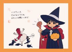  2girls biting black_eyes black_hair black_serafuku black_skirt border boxing_gloves braid candy cape cat commentary cowboy_shot dog dress fish flower food full_body hair_flower hair_ornament hair_tie halloween halloween_costume hat highres kinema_citrus lara_(sayonara_lara) long_hair long_skirt long_sleeves mage_staff multiple_girls official_art ootsu_mari orange_background pink_background pumpkin red_hair sayonara_lara school_uniform serafuku shoes short_hair single_braid skirt smile staff tani_shiori white_dress witch_hat 