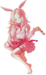  1girl absurdres animal_ears barefoot belt blonde_hair bow character_request closed_mouth collarbone copyright_request detached_sleeves flower flower_ornament full_body gun handgun heart highres holding kaze_22 light_blush light_smile long_hair looking_at_viewer pink_eyes puffy_sleeves rabbit_ears rose shiny_skin skirt soles straight-on suspenders thigh_strap tiptoes toenails toes w weapon white_background 
