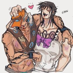  2boys arm_around_shoulder arm_tattoo belt black_hair blood blood_on_face blood_on_mouth blood_on_nose blue_hair bow brown_belt bruise bruise_on_arm bruise_on_chest bruise_on_face bruise_on_neck bruise_on_stomach charming_man chest_belt clenched_hand closed_eyes commentary facepaint facial_mark hand_on_another's_head hand_on_another's_headwear headpat heart highres injury jojo_no_kimyou_na_bouken male_focus medium_hair multiple_boys naru_tomaki overalls paco_laburantes short_hair simple_background spiky_hair tattoo teeth the_jojolands twitter_username untranslatable_commentary upper_body watermark white_background white_overalls 