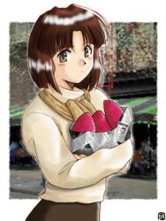  1990s_(style) 1girl bad_id blush border brown_eyes brown_hair brown_skirt character_request closed_mouth commentary_request copyright_request expressionless food hana_(hana_mo_arashi_mo) holding looking_at_viewer market market_stall outside_border photo_background retro_artstyle short_hair skirt solo sweater sweet_potato turtleneck turtleneck_sweater upper_body white_border yellow_sweater 