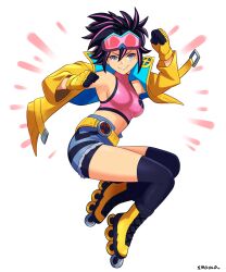  1girl absurdres bike_shorts bike_shorts_under_shorts black_hair coat crop_top cutoffs denim denim_shorts full_body gloves grin highres inline_skates jacket jubilee_(marvel) looking_at_viewer marvel marvel_tokon:_fighting_souls multicolored_hair opaque_sunglasses pink-tinted_eyewear pink_streaks roller_skates short_shorts shorts skates sleeveless smgold smile solo streaked_hair thigh-highs tinted_eyewear white_background x-men yellow_coat yellow_gloves yellow_jacket 