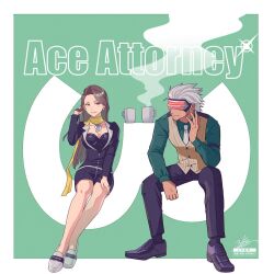  1boy 1girl 3llo_3 ace_attorney brown_hair coffee_mug commentary_request couple cup formal_clothes gavel godot_(ace_attorney) highres jewelry magatama magatama_necklace mia_fey mug necklace necktie phoenix_wright:_ace_attorney_-_trials_and_tribulations pinstripe_pattern pinstripe_vest striped_clothes striped_vest vertical-striped_clothes vertical-striped_vest vest white_hair white_necktie 