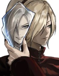  ancestor_and_descendant androgynous ash_crimson black_nails blue_eyes closed_mouth commentary_request glass_shard hair_over_one_eye hairband hjr81738281 holding holding_glass_shard jacket long_sleeves looking_at_viewer looking_to_the_side nail_polish one_eye_covered parted_bangs parted_lips portrait red_jacket saiki_(kof) sideways_glance simple_background smile the_king_of_fighters the_king_of_fighters_xiii white_background zipper zipper_pull_tab 