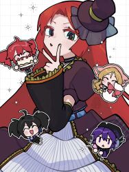  1boy 4girls ahoge animal_ear_hood bag beret birthday_cake black_boots black_choker black_hair black_skirt black_sleeves blonde_hair blue_hair boots bow cake chibi choker closed_eyes colored_eyelashes dress drill_hair food green_eyes grid_background hat headphones highres holding holding_bag holding_party_popper holding_plate hood kasane_teto kasane_teto_(utau) long_hair looking_at_viewer mini_hat mini_top_hat multicolored_hair multiple_girls namine_ritsu open_mouth ouka_miko party_popper plate pleated_skirt purple_dress purple_hair red_bow red_hair red_pupils short_hair skirt smile solo sparkle streaked_hair takamiya_yuu top_hat twin_drills twintails upper_body utane_uta utau v violet_eyes watermark yokune_ruko 
