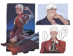  1boy archer_(fate) archer_(summer_casual)_(fate) arrow_(projectile) bow_(weapon) chikabe coat commentary_request dark-skinned_male dark_skin fate/grand_order fate/stay_night fate_(series) glasses highres holding holding_arrow holding_bow_(weapon) holding_weapon male_focus red_coat round_eyewear solo spiky_hair upper_body weapon white_hair 