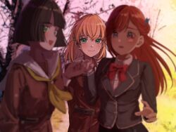  3girls black_hair blurry blurry_foreground cerise_bouquet cherry_blossoms commentary dress frown green_eyes hasu_no_sora_school_uniform highres hino_(hinonoq) hinoshita_kaho kinjo_maika light_smile long_hair long_sleeves looking_ahead love_live! love_live!_hasu_no_sora_jogakuin_school_idol_club love_live!_hasu_no_sora_jogakuin_school_idol_club_bloom_garden_party momose_ginko multiple_girls neckerchief orange_hair pleated_dress red_hair sailor_collar sailor_dress school_uniform short_hair sunset white_sailor_collar 