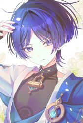  1boy 28gom28 anemo_symbol_(genshin_impact) bishounen black_bodysuit blue_cape blue_gem blue_kimono blue_pupils blue_rope blue_sleeves blunt_ends bodysuit cape commission covered_collarbone eyeliner falling_petals fingernails flower gem genshin_impact gold hair_intakes hand_up highres japanese_clothes juban kimono layered_sleeves looking_at_viewer makeup male_focus mandarin_collar open_clothes open_kimono parted_lips petals portrait purple_hair red_eyeliner rope scaramouche_(genshin_impact) second-party_source shoulder_peek side_cape solo tsurime violet_eyes wanderer_(genshin_impact) white_background white_flower white_kimono white_mouth white_petals white_sleeves wolf_cut 