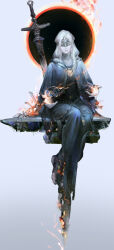 1girl absurdres barefoot belt blonde_hair bone burning burning_clothes capelet chinese_commentary commentary_request covered_eyes dark_souls_(series) dark_souls_iii eclipse fire fire_keeper full_body gradient_background grey_background grey_capelet grey_robe headpiece highres hood hood_down hooded_capelet jewelry long_hair loose_belt necklace pale_skin plant qiang45042 robe sitting solar_eclipse solo sword turtleneck vines weapon 