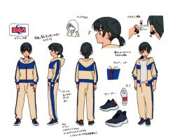  1girl black_eyes black_hair color_trace earphones english_text expressionless full_body highres hood hood_down hood_up hooded_jacket jacket long_sleeves multiple_views official_art ootsu_mari open_clothes open_jacket pants pointing_out_the_details ponytail portrait production_art reference_sheet sayonara_lara shirt shoes short_hair t-shirt track_jacket track_pants track_suit turnaround white_background 