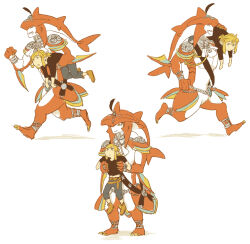  2boys armor ascot belt black_shirt blonde_hair blue_eyes blue_pants bracer brown_belt brown_shoes carrying carrying_over_shoulder carrying_person closed_eyes colored_skin commentary_request fins full_body furry furry_male gills head_fins highres jitome keko_(corona) link long_sleeves looking_down male_focus midriff_peek multiple_boys multiple_views open_mouth pants pauldrons ponytail red_skin running scar scar_on_head shark_boy sharp_teeth shirt shoes short_hair short_ponytail shoulder_armor sidon smile standing teeth the_legend_of_zelda the_legend_of_zelda:_breath_of_the_wild triangle_mouth white_ascot white_background zora 