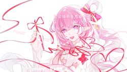  1girl absurdres artist_name breasts chinese_commentary commentary_request diamond-shaped_pupils diamond_(shape) dress elf elysia_(hi_love_elf)_(honkai_impact) elysia_(honkai_impact) highres honkai_(series) honkai_impact_3rd hyurns large_breasts long_hair multicolored_hair official_alternate_costume open_mouth pink_dress pink_hair pointy_ears side_ponytail simple_background smile solo symbol-shaped_pupils two-tone_hair very_long_hair violet_eyes watermark white_background white_hair 