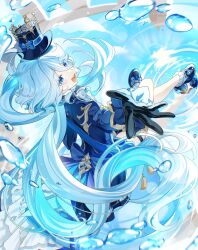  1girl ahoge arm_up asymmetrical_gloves black_gloves blue_eyes blue_hair blue_hat blue_jacket blue_shoes blue_streaks commentary_request crossed_legs eyelash_ornament from_above from_behind full_body furina_(genshin_impact) genshin_impact gloves hair_between_eyes hand_on_own_chest hand_up happy_birthday hat highres jacket long_hair long_sleeves looking_at_viewer mismatched_gloves multicolored_hair open_mouth outstretched_arm outstretched_hand shoes smile solo streaked_hair takura_0103 thigh_strap top_hat water white_gloves white_hair 