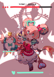  1girl :> animal_ears aqua_eyes aqua_hair aquila_(honkai:_star_rail) bead_bracelet beads blue_bow blue_bowtie blush_stickers bow bowtie bracelet breasts character_name chest_bow choker closed_mouth coreflame_(honkai:_star_rail) crown detached_sleeves double_bun dress drill_hair drill_sidelocks elbow_gloves english_commentary feathered_wings flying gloves gradient_hair hair_between_eyes hair_bun health_bar heart heart_print highres holding holding_staff honkai:_star_rail honkai_(series) horse_ears horse_tail hyacine_(honkai:_star_rail) hyacine_(warm_cotton_skies)_(honkai:_star_rail) jewelry little_ica_(honkai:_star_rail) lluvia_deer looking_at_another looking_up medium_breasts memosprite mini_wings monster multicolored_hair necklace official_alternate_costume official_alternate_hairstyle pantyhose pearl_necklace pegasus pink_bow pink_choker pink_hair puffy_detached_sleeves puffy_short_sleeves puffy_sleeves red_bow red_dress red_sash red_shoes sash shadow shoes short_hair short_sleeves sidelocks simple_background smile sparkle sparkling_eyes staff strapless strapless_dress striped_bow tail two-tone_dress two-tone_hair v-shaped_eyebrows white_background white_dress white_gloves white_horse white_pantyhose white_sleeves wings 