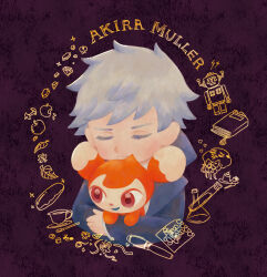  1boy akira_muller apple black_jacket book character_name closed_eyes closed_mouth creature cup flask food fruit gem grey_hair highres holding holding_creature jacket kerocroak livly_island long_sleeves male_focus pen pygmy_(livly_island) robot short_hair teacup 