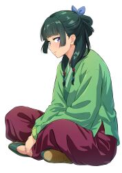 1girl blue_eyes blunt_bangs blush bow chinese_clothes closed_mouth commentary full_body green_hair hair_bow hair_ribbon highres hutarikiri2025 kusuriya_no_hitorigoto long_hair long_sleeves looking_at_viewer maomao_(kusuriya_no_hitorigoto) pants ponytail ribbon seiza shirt simple_background sitting sleeves_past_wrists smile solo twintails untranslatable_commentary white_background 