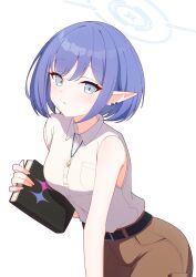  1girl aoi_(blue_archive) blue_archive blue_eyes blue_halo book breasts brown_pants collared_shirt cowboy_shot earclip elf fuyuka_natsuki halo highres holding holding_book jewelry looking_at_viewer medium_breasts necklace official_alternate_costume pants pointy_ears purple_hair shirt short_hair simple_background sleeveless sleeveless_shirt solo white_background white_shirt 
