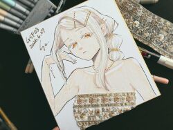  1girl absurdres blonde_hair commentary_request dress expressionless gakuen_idolmaster hair_ornament hairclip highres idolmaster jewelry long_hair looking_at_viewer marker_(medium) mixed_media necklace orange_eyes parted_lips photo_(medium) ponytail saltyacurry shikishi shinosawa_hiro solo traditional_media upper_body 