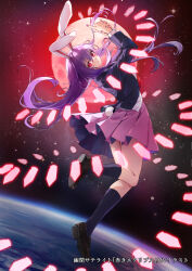  1girl animal_ears black_jacket black_socks blazer brown_shoes bullet commentary_request danmaku earth_(planet) finger_gun full_body jacket kneehighs long_hair long_sleeves looking_at_viewer moon necktie pink_skirt planet purple_hair rabbit_ears rabbit_girl rabbit_tail red_eyes red_moon red_necktie reisen_udongein_inaba shironeko_yuuki shirt shoes skirt socks solo space tail touhou translation_request very_long_hair white_shirt yuuhei_satellite 