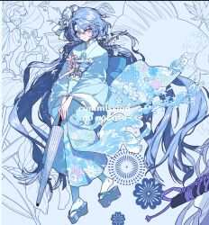  1girl blue_hair blue_kimono blue_theme character_name closed_mouth commentary commission copyright_request floral_print flower frills full_body hair_flower hair_ornament highres holding holding_umbrella japanese_clothes kimono long_hair looking_at_viewer obi obidome oil-paper_umbrella okobo platform_sandals sandals sash short_hair solo tabi umbrella very_long_hair violet_eyes water zuizui 