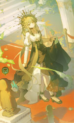  >_< 1girl ambience_synesthesia arknights bare_shoulders black_choker black_shoes black_skirt blonde_hair breasts brown_hair chinese_commentary choker closed_mouth column commentary_request damazti_orb_(arknights) doctor_(arknights) elf emoji full_body hair_ornament highres holding_own_skirt jia_ri_fan_mai_ji liquid long_hair long_sleeves looking_at_viewer mole mole_under_eye moss muelsyse_(arknights) muelsyse_(golden_reverie)_(arknights) official_alternate_costume outdoors pillar pointy_ears red_carpet shirt shoes skirt smile solo speech_bubble stairs standing stronghold_protocol_(arknights) walking white_shirt yellow_eyes 
