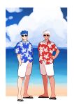  2boys archer_(fate) beach blue_hair cu_chulainn_(fate) dark-skinned_male dark_skin earrings fate/stay_night fate_(series) hand_on_hip hands_in_pockets harusima hawaiian_shirt highres jewelry long_hair looking_at_viewer male_focus multiple_boys ocean ponytail sandals shirt short_hair shorts smile standing summer sunglasses white_hair white_shorts 