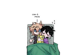  2boys alternate_costume antenna_hair arrow_(symbol) bad_id bad_twitter_id basil_(faraway)_(omori) basil_(omori) big_yellow_cat_(omori) black_shirt blonde_hair blue_eyes blush chibi chibi_only closed_eyes closed_mouth collared_shirt double-parted_bangs english_text hair_between_eyes male_focus multiple_boys omori purple_shirt shirt short_hair short_sleeves simple_background sunny_(omori) t-shirt u_u under_covers white_background yuilu_(yuiluqqq) zzz 