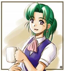  1990s_(style) 1girl bad_id commentary_request cup curtained_hair earrings green_hair hana_(hana_mo_arashi_mo) hatsuseno_alpha holding holding_cup jewelry looking_at_viewer medium_hair mug open_mouth ponytail purple_vest retro_artstyle shirt short_sleeves smile solo upper_body vest violet_eyes white_background white_shirt yokohama_kaidashi_kikou 
