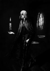  1other absurdres blindfold boots candle candlelight cloak closed_mouth cogumeco commentary_request facing_to_the_side fire full_body greyscale hair_over_eyes highres holding holding_jewelry holding_necklace indoors jewelry lips long_sleeves lunacid monochrome necklace nose on_stairs pants player_character_(lunacid) portuguese_commentary shadow shirt short_hair stairs walking window 