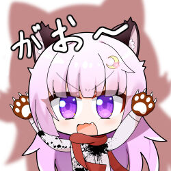  1girl animal_ear_fluff animal_ears animal_hands apricotlemontea brown_gloves chibi commentary_request crescent crescent_hair_ornament fang gloves hair_ornament highres long_hair long_sleeves open_mouth original paw_gloves pink_hair red_scarf scarf shirt solo translation_request upper_body very_long_hair violet_eyes wavy_mouth white_background white_shirt 