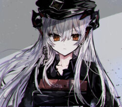  1girl arknights black_hat black_shirt bulletproof_vest closed_mouth collarbone collared_shirt commentary_request dragon_girl dragon_horns expressionless grey_background grey_hair hair_between_eyes hat horns long_hair looking_at_viewer official_alternate_costume orange_eyes peaked_cap police police_hat police_uniform saria_(arknights) saria_(the_law)_(arknights) shirt solo uawa upper_body walkie-talkie white_hair 