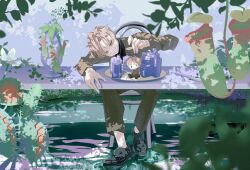  1boy black_shirt black_shoes blonde_hair blurry blurry_foreground branch brown_jacket brown_pants chair character_request chibi closed_mouth commentary_request copyright_request dappled_sunlight depth_of_field grass head_tilt highres jacket jewelry knees_apart_feet_together leaf long_sleeves looking_at_object miniature necklace nekory on_chair outdoors overgrown pants parted_bangs plant ripples shadow shirt shoes short_hair sitting sky solo stuffed_toy sunlight venus_flytrap wetland yellow_eyes 
