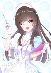  1girl aqua_dress blunt_bangs blush brown_eyes brown_hair clipboard commentary_request dress fingerless_gloves gloves hat highres holding holding_clipboard holding_thermometer long_hair looking_at_viewer multicolored_dress nurse nurse_cap open_mouth pink_dress puffy_short_sleeves puffy_sleeves sample341114 shine_post short_sleeves smile solo stethoscope_around_neck thermometer white_dress white_gloves yakushiin_asuka 