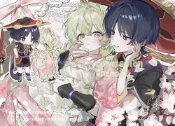  1boy 1girl animal_ears apron armor bishounen black_bodysuit black_hair black_kimono black_sandals black_shorts black_sleeves black_tail blunt_ends blush bodysuit bonnet border braid bright_pupils cat_boy cat_ears cat_tail character_request chibi chibi_inset circle_hands commission couple covered_collarbone english_text eyeliner floral_border flower frilled_apron frills furisode genshin_impact gold gold_trim grabbing_from_behind green_eyes green_hair grey_veil hair_between_eyes hair_intakes hand_on_another's_face hand_on_another's_stomach hand_up hat hetero highres holding_hands japanese_armor japanese_clothes jewelry jingasa juban kimono kocokooo kote kurokote lace lace_border layered_sleeves long_hair long_sleeves looking_at_another low_twin_braids maid makeup mandarin_collar mitsudomoe_(shape) neck_ring o-ring oc_x_canon open_clothes open_kimono open_mouth original ornate_border parted_lips pink_background pink_kimono pink_sandals pink_sleeves purple_rope purple_sash purple_sleeves raised_eyebrow red_eyeliner red_hat red_kimono red_sash rope sandals sash scaramouche_(genshin_impact) scaramouche_(harbinger)_(genshin_impact) shimenawa short_sleeves shorts smirk socks tabi tail tareme tassel toeless_legwear tomoe_(symbol) tsurime twin_braids twitter_username veil wa_maid watermark white_apron white_bonnet white_border white_flower white_kimono white_mouth white_pupils white_rope white_socks wide_sleeves wolf_cut zouri 