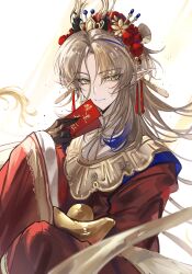  1boy alternate_costume arknights brown_hair brown_hands card chinese_clothes chinese_commentary closed_mouth colored_extremities commentary_request dragon_boy dragon_horns flower hair_flower hair_ornament hand_up highres holding holding_card horns ji_(arknights) long_hair long_sleeves looking_at_viewer male_focus mi_mie_mie_mie multicolored_hair pointy_ears shawl simple_background solo streaked_hair tassel upper_body white_background wide_sleeves 
