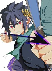  0a_9_(pixiv82791714) 1boy aiming angel angel_wings arrow_(projectile) black_hair bow_(weapon) dark_pit green_scarf highres holding holding_bow_(weapon) holding_weapon kid_icarus kid_icarus_uprising laurel_crown looking_at_viewer male_focus red_eyes scarf silver_bow_(kid_icarus) solo weapon white_background wings 