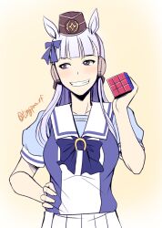  1girl animal_ears averting_eyes bow bowtie brown_hat commentary_request ear_bow gold_ship_(umamusume) grey_hair hat horse_ears horse_girl long_hair pillbox_hat pleated_skirt puffy_short_sleeves puffy_sleeves purple_bow purple_bowtie purple_shirt purple_skirt rubik's_cube sailor_collar school_uniform shirt short_sleeves skirt solo tonpuu tracen_school_uniform twitter_username umamusume upper_body violet_eyes white_sailor_collar white_skirt yellow_background 