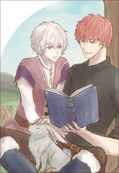  2boys absurdres against_tree black_shirt book brown_pants commentary_request conrad_(fire_emblem) fire_emblem fire_emblem_echoes:_shadows_of_valentia highres holding holding_book kliff_(fire_emblem) male_focus multiple_boys open_book open_mouth owsawa pants petting rabbit reading shirt sitting squirrel tree 