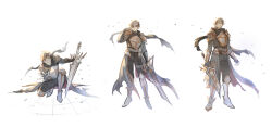  1boy arm_up armor armored_boots artist_request ashes belt black_belt black_gloves black_pants black_scarf boots breastplate broken broken_sword broken_weapon coat commentary_request concept_art dark_lord_kasel_(king's_raid) english_commentary fingerless_gloves floating_clothes frown full_body gloves grey_armor grey_coat grey_hair highres holding holding_sword holding_weapon kasel_(king's_raid) king's_raid kneeling korean_commentary leg_armor mixed-language_commentary multiple_views official_alternate_costume official_art pants reaching reaching_towards_viewer red_coat scarf second-party_source short_hair shoulder_armor sword torn_clothes torn_coat torn_scarf two-sided_coat two-sided_fabric vambraces violet_eyes weapon wind 