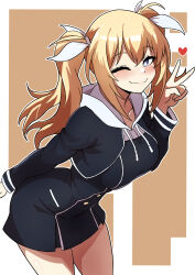  1girl ;) absurdres arimura_hinae black_dress black_jacket blonde_hair blue_eyes blush border breasts chaos;child closed_mouth collar commentary_request cowboy_shot doppelmulti dress hair_between_eyes hair_ribbon heart highres hood hood_down hoodie jacket long_hair long_sleeves looking_at_viewer medium_breasts one_eye_closed orange_background ribbon sailor_collar sailor_dress science_adventure smile solo suit_jacket thighs twintails v white_border white_collar 