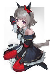  1girl absurdres animal_ears bare_shoulders black_boots black_hairband blush boots bow breasts closed_mouth coat commentary_request curren_chan_(fille_eclair)_(umamusume) curren_chan_(umamusume) dress ear_bow ear_covers gloves grey_hair hairband highres horse_ears horse_girl horse_tail long_sleeves looking_at_viewer medium_breasts off-shoulder_coat off-shoulder_dress off-shoulder_jacket off_shoulder rasoso_(wyzx4524) red_bow red_thighhighs short_hair sitting smile solo striped_clothes striped_dress tail thigh-highs umamusume vertical-striped_clothes vertical-striped_dress violet_eyes wariza white_gloves 