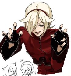  +++ 2boys animal_ears arms_up ash_crimson black_gloves black_nails blonde_hair blue_eyes cat_boy cat_ears claw_pose closed_mouth commentary cropped_legs doodle_inset ears_down fang frown gloves hair_over_one_eye hjr81738281 jacket kemonomimi_mode long_sleeves looking_to_the_side male_focus multiple_boys nail_polish one_eye_covered open_mouth pants red_jacket red_pants saiki_(kof) sideways_glance solo_focus the_king_of_fighters the_king_of_fighters_xiii triangle_mouth untranslatable_commentary white_background zipper zipper_pull_tab 