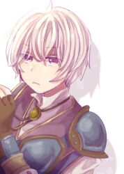  1boy armor brown_gloves chest_guard closed_mouth commentary fingerless_gloves fire_emblem fire_emblem_echoes:_shadows_of_valentia gloves kliff_(fire_emblem) looking_at_viewer male_focus minetarochan pauldrons purple_vest shadow shirt shoulder_armor simple_background single_pauldron upper_body vest white_background white_shirt 