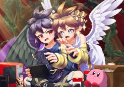  +_+ 2boys angel angel_wings black_hair box brown_hair character_doll collarbone commentary_request controller dark_pit doll game_controller hand_on_another's_shoulder highres joy-con_2 kid_icarus kid_icarus_uprising kirby kirby_(series) laurel_crown male_focus multiple_boys nintendo_switch_2 pdatensi pit_(kid_icarus) plant signature smile sparkle sparkling_aura vines wings 