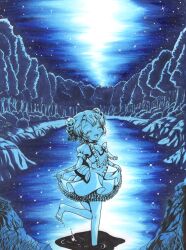  1girl absurdres ajikeneko bow bowtie bush closed_eyes commentary_request dreamy_chelsea dress forest frilled_dress frills hair_ornament highres holding holding_own_dress lake magical_girl mahou_shoujo_ikusei_keikaku mahou_shoujo_ikusei_keikaku_breakdown nature night short_hair sky smile standing standing_on_one_leg star_(sky) star_(symbol) star_hair_ornament star_print starry_sky tree water 