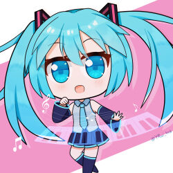 1girl :d apricotlemontea artist_name beamed_eighth_notes black_skirt black_sleeves black_socks blue_eyes blue_hair blue_necktie blush chibi collared_shirt detached_sleeves eighth_note grey_shirt hatsune_miku highres kneehighs long_hair long_sleeves miku_day musical_note necktie pink_background pleated_skirt shirt skirt sleeveless sleeveless_shirt smile socks solo treble_clef twintails twitter_username two-tone_background very_long_hair vocaloid watermark white_background wide_sleeves