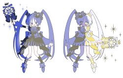  +_+ 2girls absurdly_long_hair absurdres asymmetrical_legwear black_dress black_socks blue_bow blue_dress blue_eyes blue_hair blue_socks blush_stickers bow commentary_request dress expressionless full_body gothic_lolita hair_bow highres holding holding_wand lolita_fashion long_hair magical_girl meme mismatched_legwear multiple_girls optical_illusion original simple_background socks sparkle star_(symbol) striped_bow striped_clothes striped_socks the_dress_(meme) usagi_nui very_long_hair wand white_background white_bow white_dress white_hair white_socks yellow_dress yellow_eyes yellow_socks 