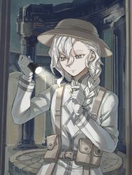  1boy absurdres adapted_costume belt belt_buckle belt_pouch braid brown_belt brown_hat buckle chaldea_staff_uniform chinese_commentary closed_mouth coat commentary_request commission fate/grand_order fate_(series) flashlight glint gloves gold_ring grey_eyes grey_trim hair_between_eyes hair_over_shoulder hands_up hat high_collar highres holding holding_flashlight holding_jewelry holding_ring jewelry li_llll_ming long_hair long_sleeves looking_at_object looking_down male_focus marisbury_animusphere mihuashi_commission pouch ring second-party_source single_braid solo unworn_ring upper_body white_coat white_gloves white_hair 