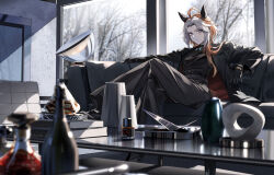  1girl ahoge animal_ears black_coat black_gloves black_pants black_shirt blue_eyes breasts closed_mouth coat colored_bangs couch crossed_bangs ear_covers fuyukayui gloves highres horse_ears horse_girl indoors long_hair long_sleeves looking_at_viewer medium_breasts multicolored_hair on_couch open_clothes open_coat orange_hair orfevre_(umamusume) pants shirt sitting solo table two-tone_hair umamusume white_hair window 
