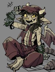  +++ 1girl absurdres animal_ears arm_vines bat_ears bat_girl bat_wings black_hair colored_sclera deadlock_(game) face_piercing gargoyle grey_background hand_to_head highres horns ivy_(deadlock) long_hair no_shoes nose_piercing nose_ring pants peargor piercing plant smile solo suspenders tail talons topless_female tusks vines wings yellow_sclera 